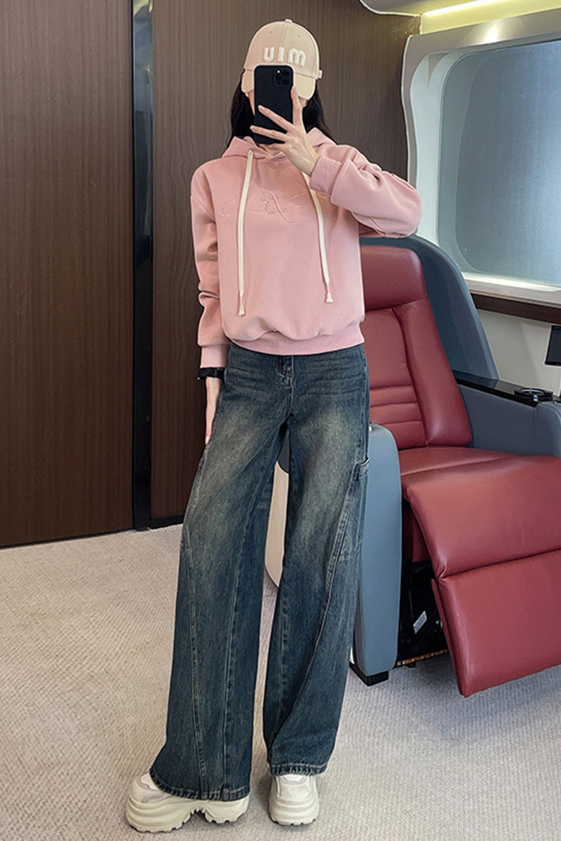 女秋季粉色短款卫衣显瘦牛仔裤两件套,女装套装/套裙,2C310