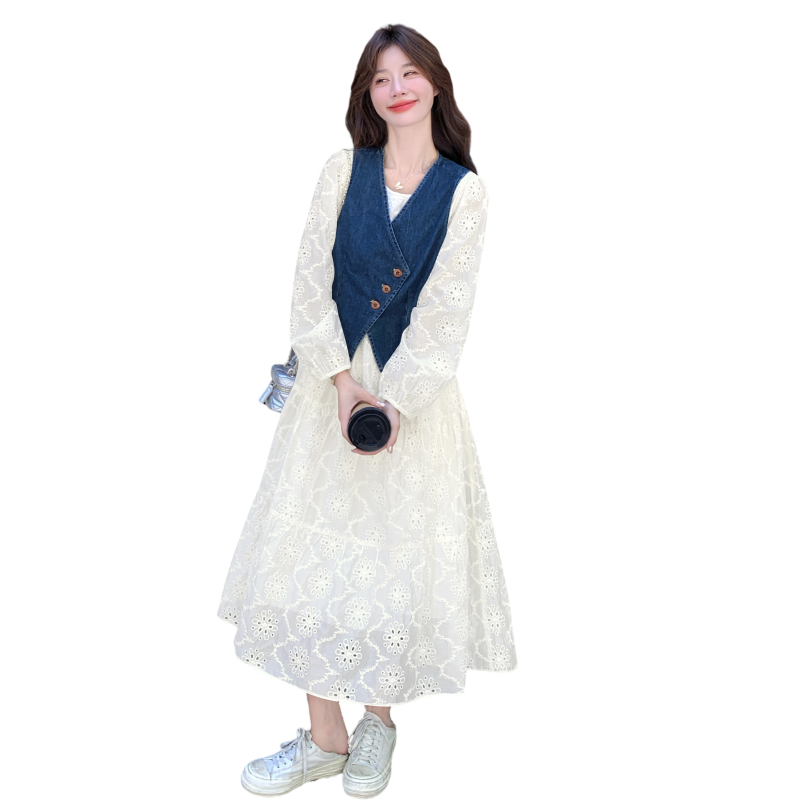 新款秋季牛仔马甲+蕾丝连衣裙套装C252-2623-P175K258,女装连衣裙,2C252