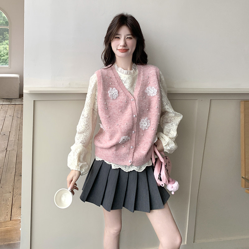 淑女气质穿搭套装女2025春新款粉色花朵针织马甲蕾丝打底衫两件套,女装套装/套裙,2C166