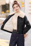 小个子加绒加厚皮衣外套女冬季短款高级感气质减龄皮棉服棉衣，女装皮衣，吾爱衣