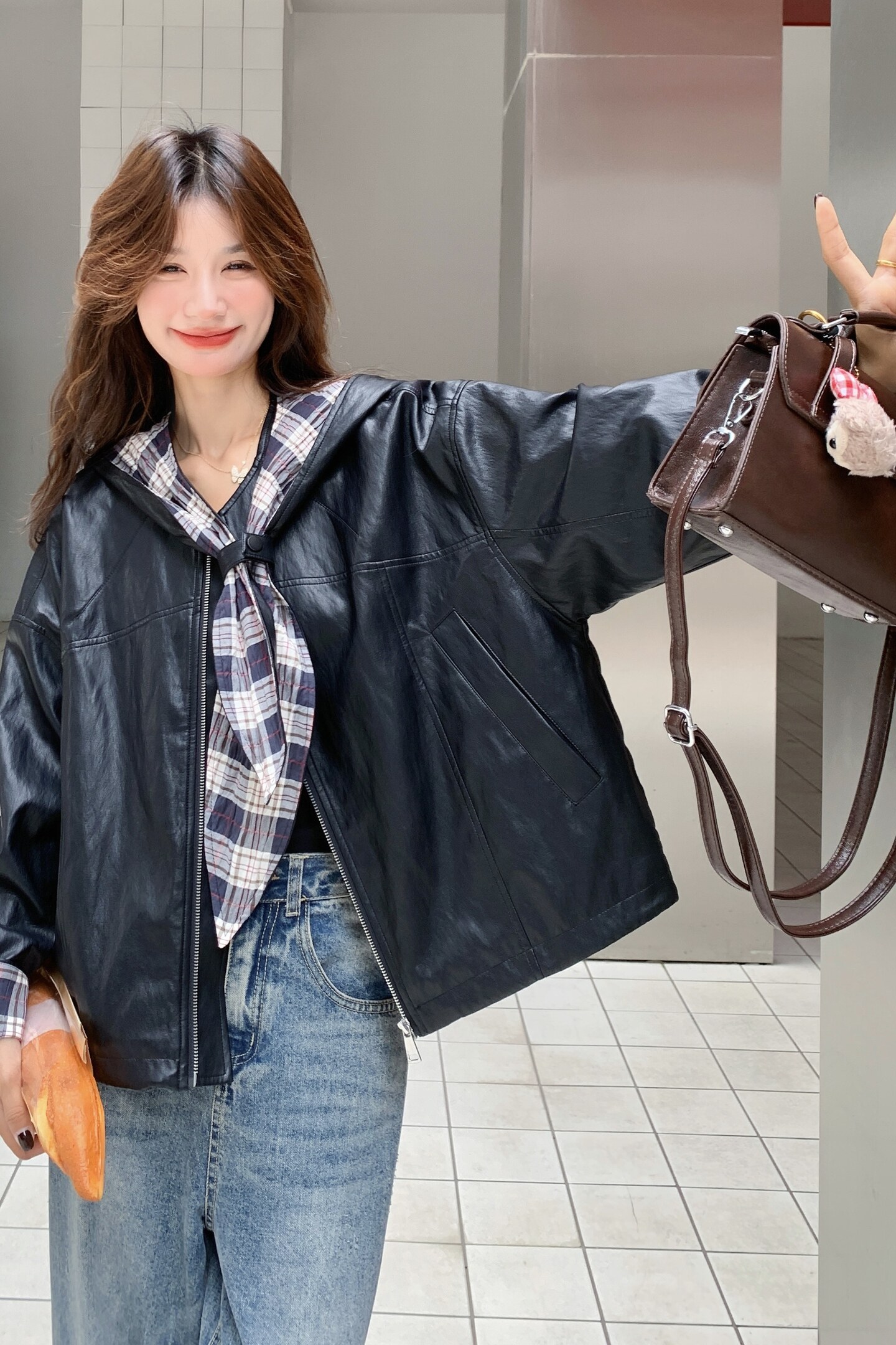 复古拼接连帽皮衣外套女2026新款机车服夹克2C227/3309/P165K238,女装风衣,2C227
