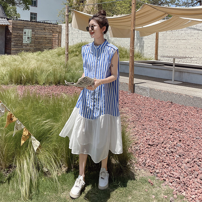 蓝色条纹背心裙夏季女2024新款法式宽松设计感撞色拼接长款连衣裙图片