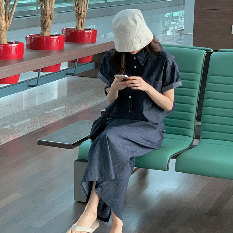 港风复古短袖衬衫套装夏季女2025新款小个子显瘦开叉半身裙两件套,女装套装/套裙,2C009