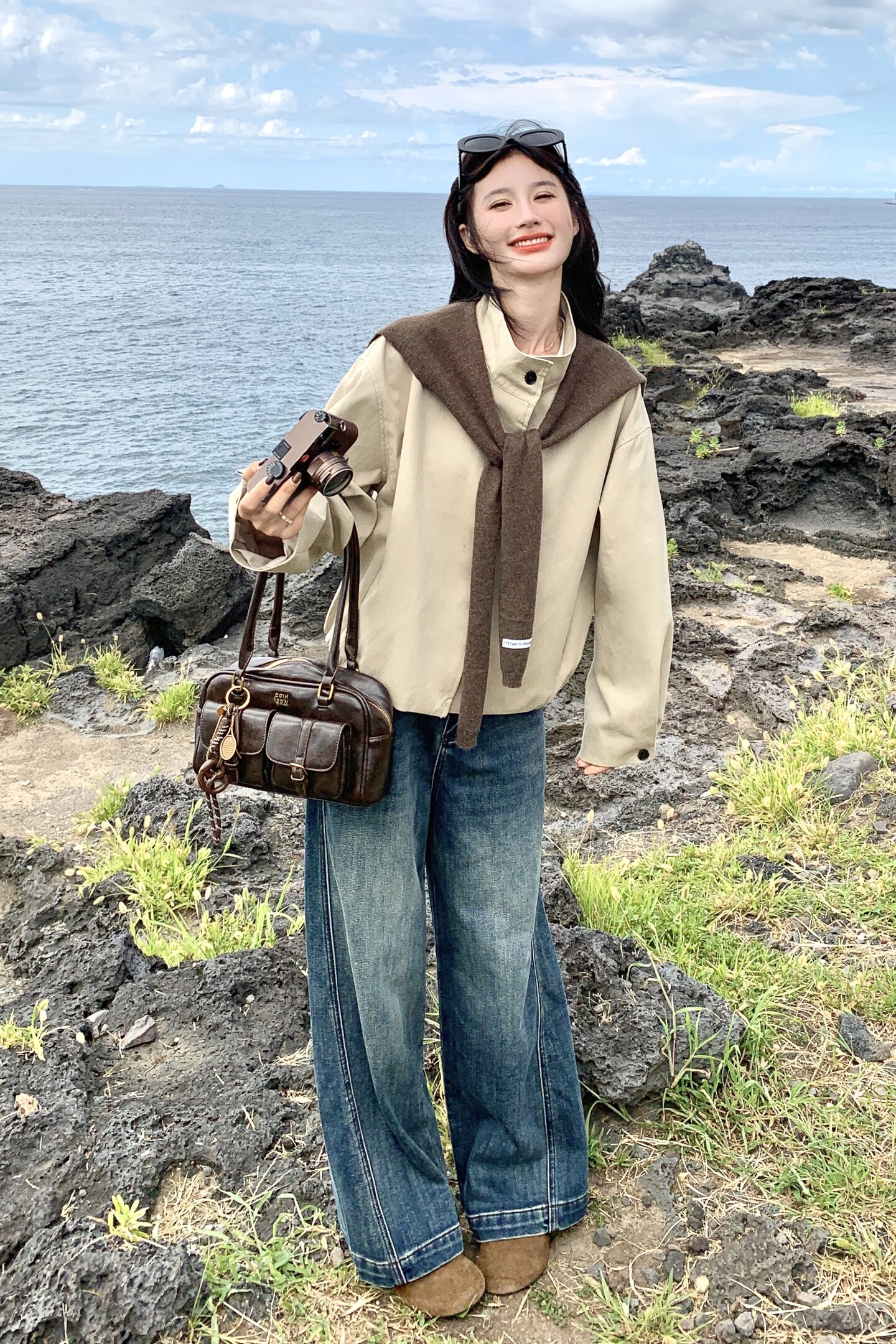 韩系小个子气质时尚百搭夹克卡其色针织披肩休闲短外套秋,女装短外套,2C159