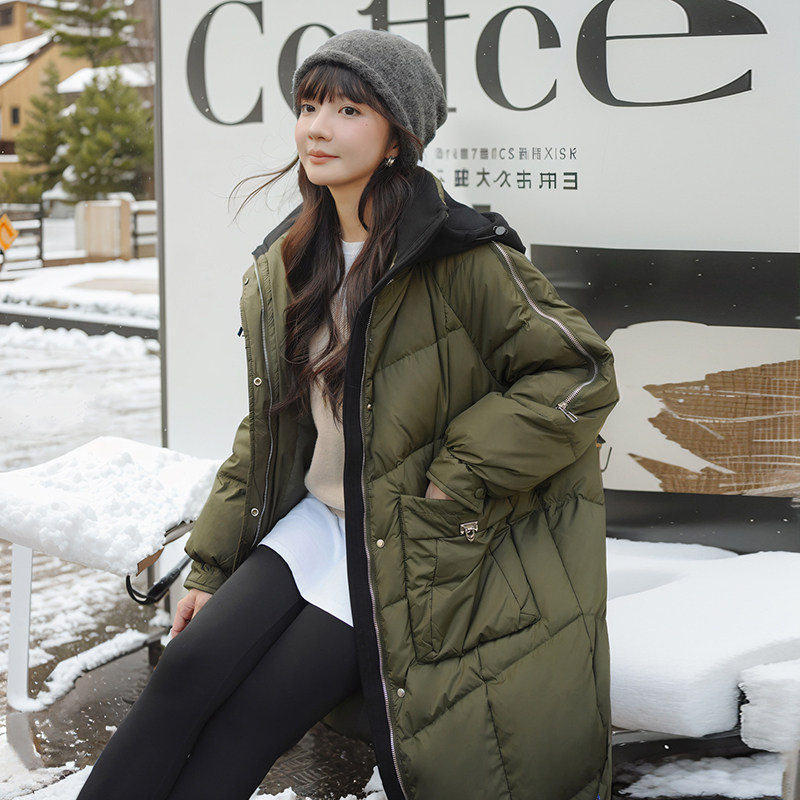 【现货】设计感时髦拼色连帽军绿色保暖羽绒服 088-8885p295控458图片