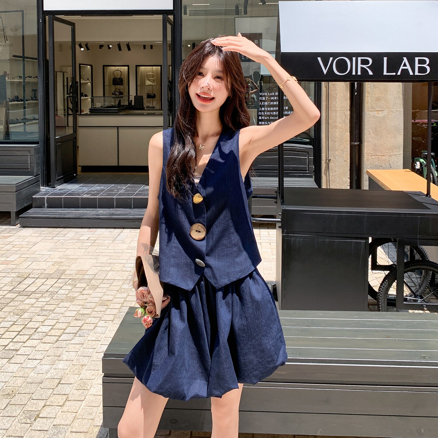 深蓝色牛仔马甲阔腿裤套装女2025夏季薄款老钱风气质高级感两件套,女装套装/套裙,2C233