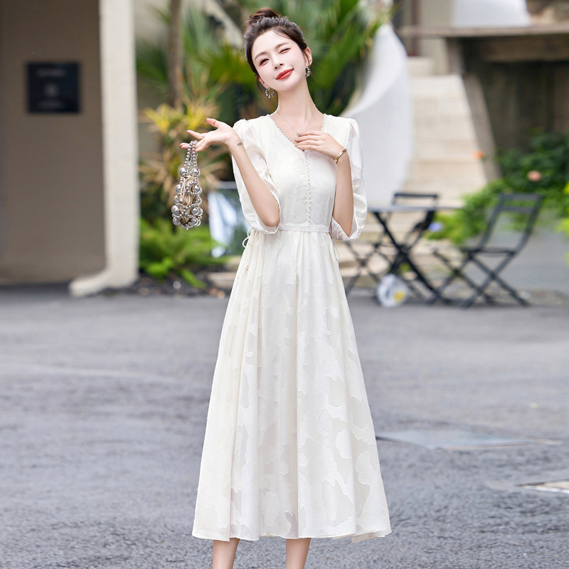2025年夏季优雅气质女装提花系带贝壳袖长款显瘦减龄连衣裙,女装连衣裙,丽莎妳雅