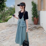 法式假两件拼接牛仔连衣裙女2025夏季新款韩版收腰显瘦气质长裙子，女装连衣裙，2C075