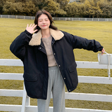 羊羔毛领黑色派克羽绒服女冬超火巨好看高级小众加绒加厚工装外套，女装羽绒服，2C086