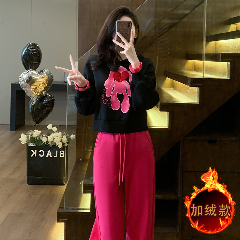 秋冬新款潮流气质卡通刺绣连帽卫衣套装,女装套装/套裙,2C310