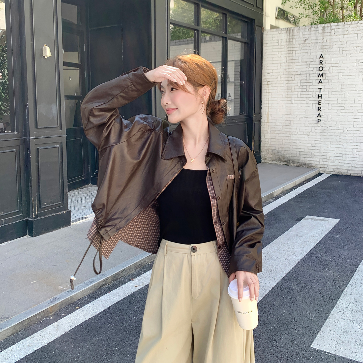 棕色短款皮衣外套女秋2025新款小个子休闲百搭又酷又飒PU皮夹克,女装皮衣,2C126