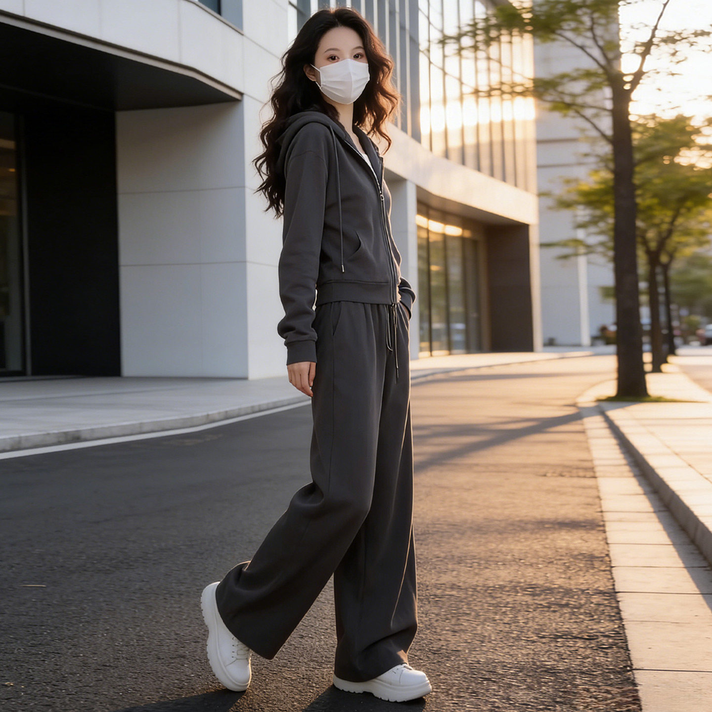 女春款欧货时尚休闲套装灰色连帽开衫上衣宽松软糯阔腿长裤两件套,女装套装/套裙,2C310