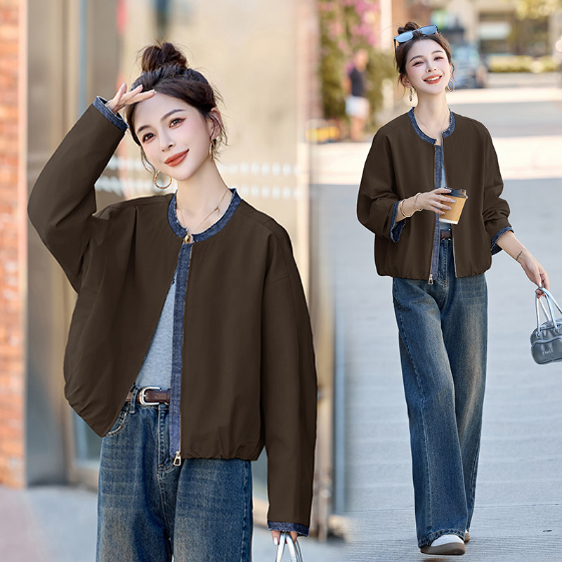 复古牛仔拼接圆领棒球服外套女2025秋季新款宽松休闲短款夹克外套,女装短外套,衣佳和