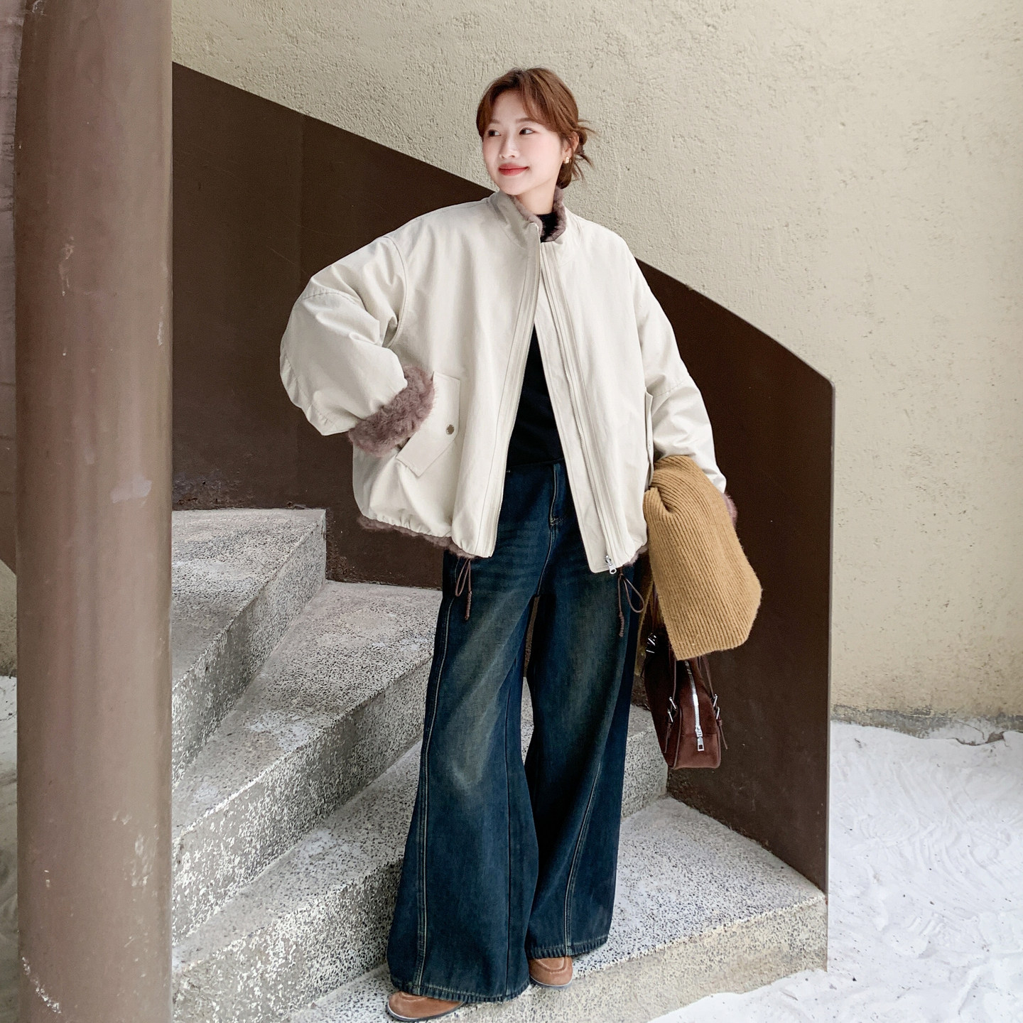 小众设计感两面穿棉服女冬季短款小个子韩版加厚羊羔毛保暖外套,女装派克服,2C166