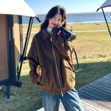 格子两面穿女外套秋冬新款宽松长袖保暖时尚咖色毛绒加厚夹克外套，女装短外套，2C166