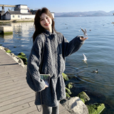 灰色慵懒风针织毛领开衫套装女秋冬季松弛感休闲运动短裤两件套，女装套装/套裙，2C166