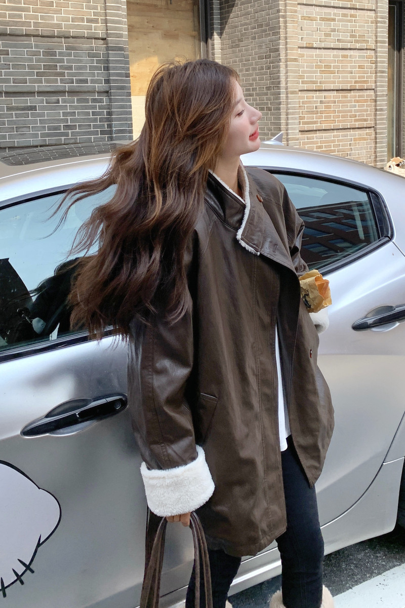 咖色羊羔毛拼接PU皮衣外套女加厚加绒夹克2C206-L606-P195-K298,女装派克服,2C206