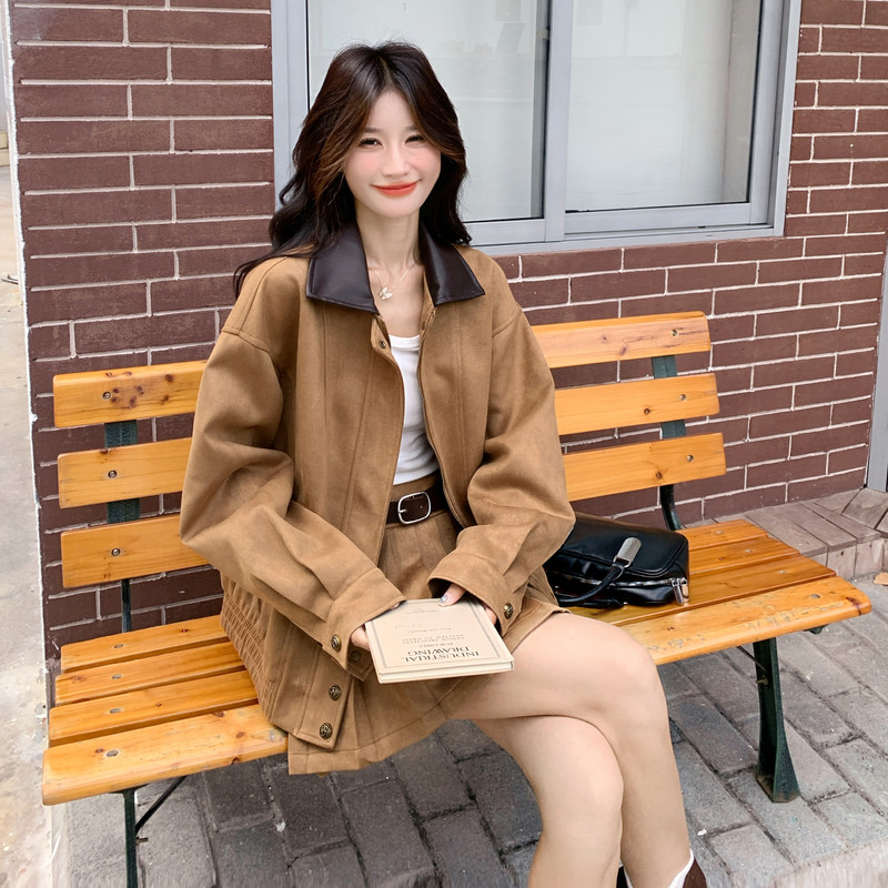 美拉德复古套装女2025秋季新款甜酷风设计感拼接外套百褶裙两件套图片