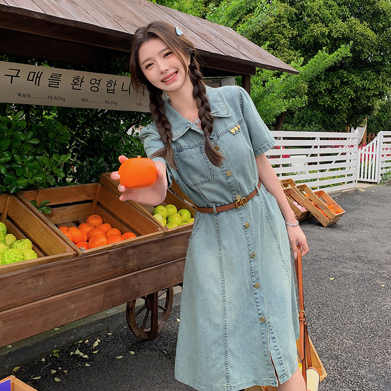 浅蓝色牛仔连衣裙女2025夏季新款韩版高级感复古减龄小个子衬衫裙图片