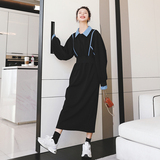 设计感拼接黑色卫衣连衣裙女春季2025新款别致独特收腰显瘦长裙子，女装连衣裙，2C069