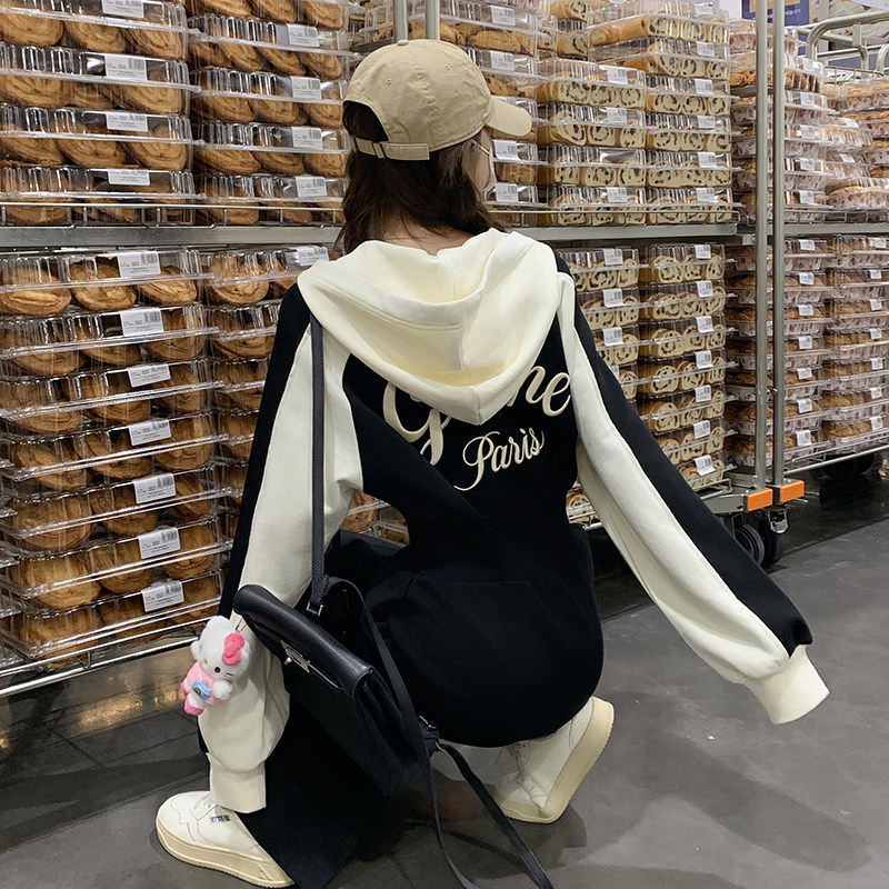 学院风黑色连帽卫衣连衣裙女春秋2025年新款高级感收腰长裙到脚踝,女装连衣裙,2C098