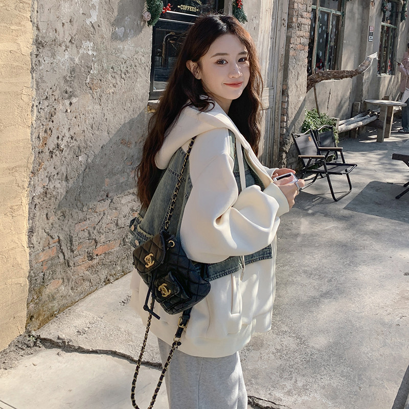 【现货】连帽牛仔拼接休闲大码卫衣外套2C353--8618--p135--k188,女装短外套,2C353