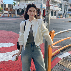 白色皮衣外套女2025新款春季高级修身短款小个子机车显瘦夹克图片