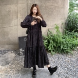 黑色轻熟风印花泡泡袖衬衫长裙女秋季2025新款法式高级感连衣裙，女装连衣裙，2C258