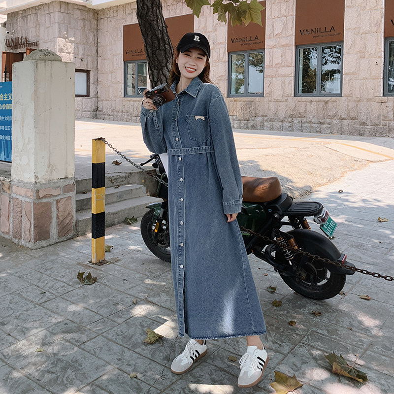 现货2C0287702P135K189复古长袖长款牛仔衬衫外套连衣裙,女装连衣裙,2C028