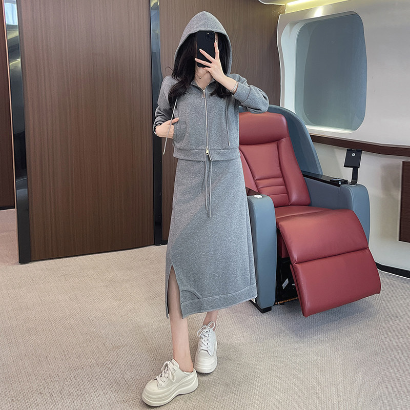 女秋季韩版连帽卫衣开叉半身裙两件套,女装套装/套裙,2C310