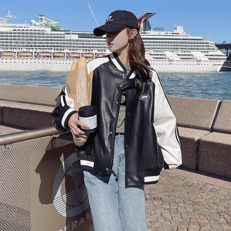 黑色pu皮棒球服棉服外套女2023冬季新款美式小个子炸街加厚短棉袄,女装皮衣,2C226