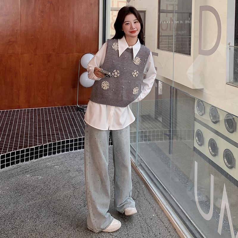 时尚学院风休闲减龄套装女2026春新款气质衬衫绣花马甲两件套,女装套装/套裙,2C166