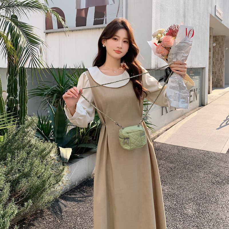卡其色时尚假两件长袖连衣裙女2025春新款俏皮洋气减龄收腰长裙子图片
