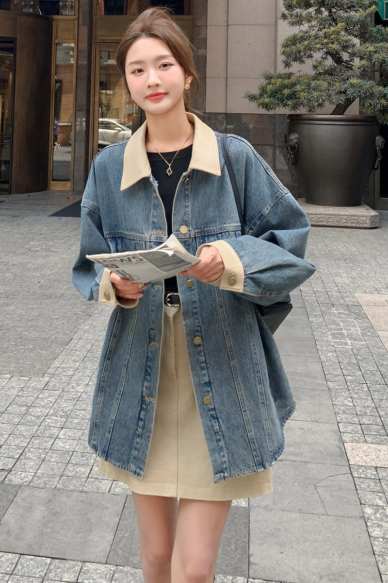 【新款】2025秋款撞色PU皮拼牛仔外套2C289-M8938-P140-K198,女装短外套,2C289