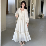 绝美气质蕾丝钩花连衣裙女2025秋季甜美米白色温柔风木耳边A字裙，女装连衣裙，2C259