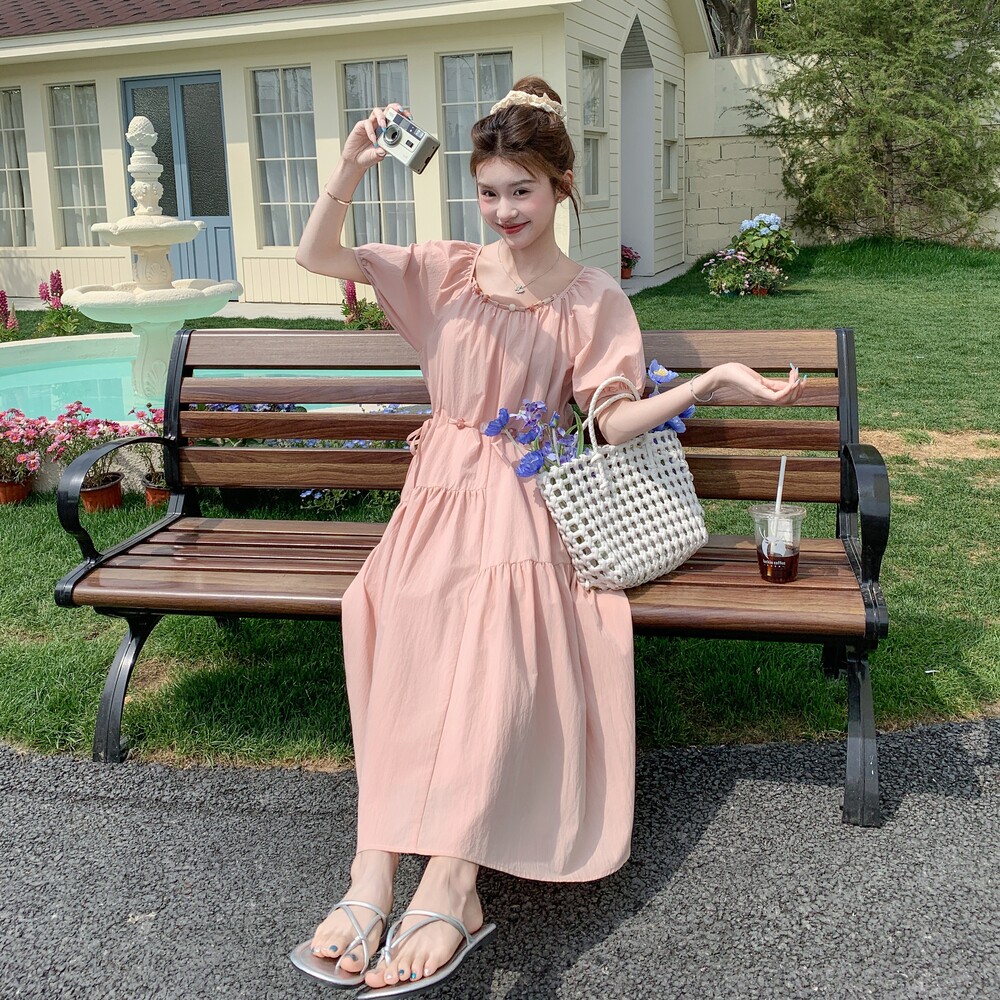 泡泡袖短袖法式夏季纯欲女连衣裙系带甜美韩版小众显瘦气质时尚,女装连衣裙,2C259