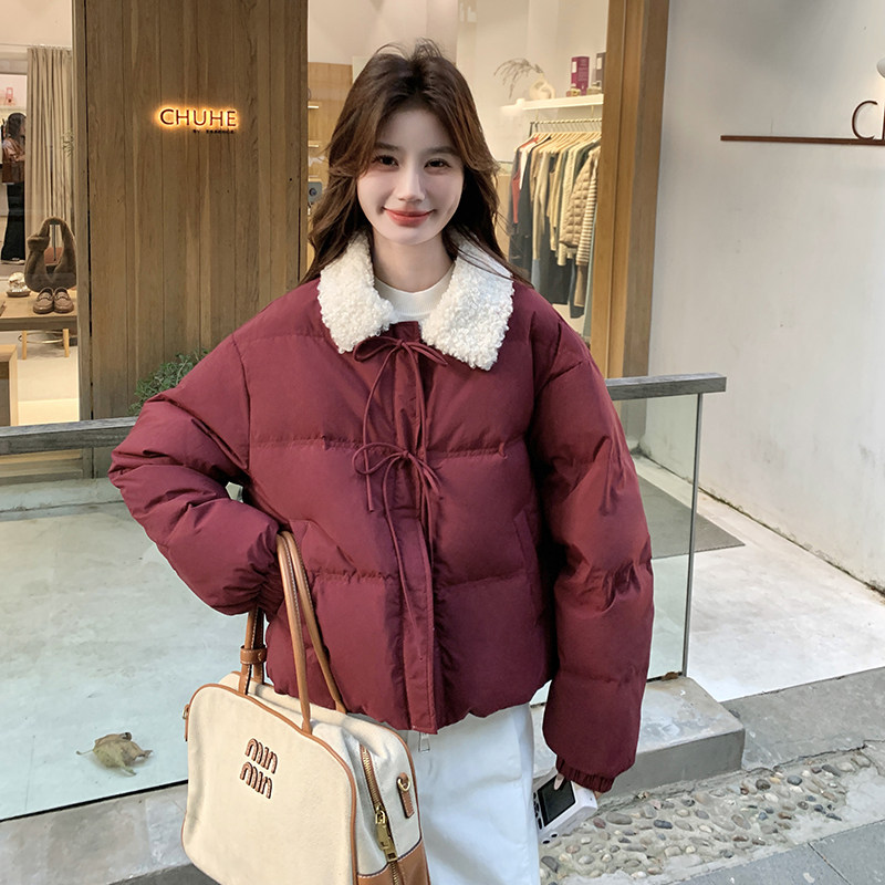 酒红色白鸭绒羽绒服羊羔毛翻领女冬季新款小个子加厚短款外套,女装羽绒服,2C009