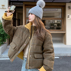 咖色格子短款羽绒服女2025冬季新款小个子加厚90白鸭绒立领面包服图片