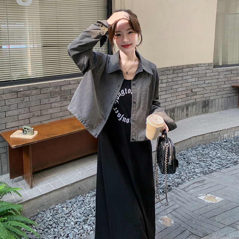 韩系复古条纹上衣外套套装黑色背心裙针织两件套,女装套装/套裙,2C166