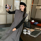 法式灰色连衣裙套装女2025春秋新款高级感收腰显瘦马甲长裙两件套，女装连衣裙，2C110