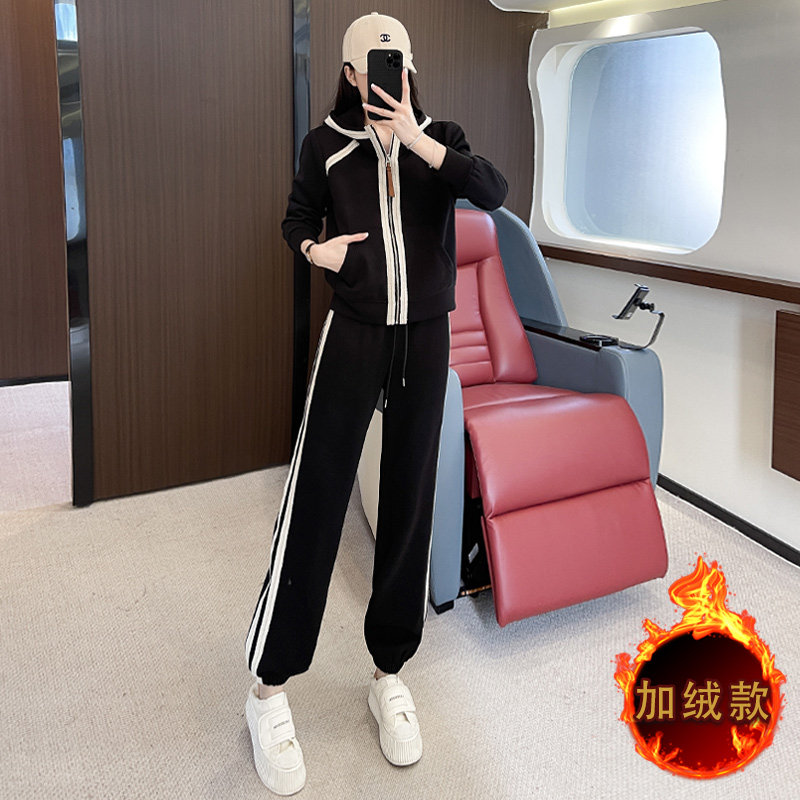 纯色织带拼接减龄卫衣外套长裤套装,女装套装/套裙,2C310