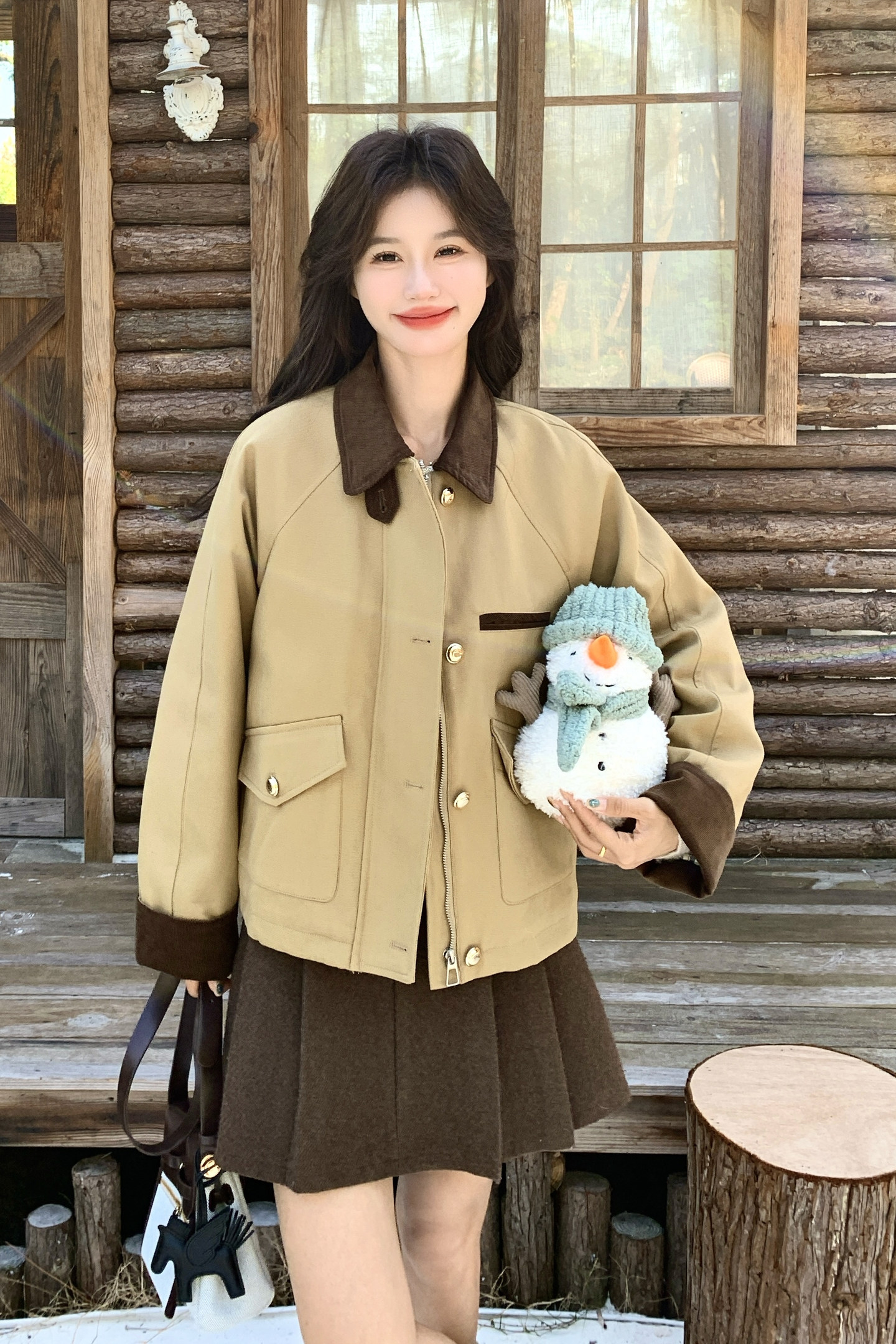 卡其色撞色拼接工装派克服女秋冬2025新款爆款流行机车棉服厚棉袄,女装派克服,2C159