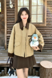 卡其色撞色拼接工装派克服女秋冬2025新款爆款流行机车棉服厚棉袄，女装派克服，2C159