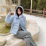 韩系蓝色针织拼接连帽排骨羽绒服外套女秋冬2025新款轻薄白鸭绒，女装羽绒服，2D078