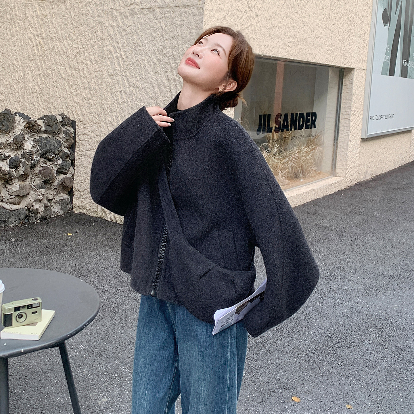 2B1142120P230K320甜美立领休闲宽松短款羊绒大衣韩版学院风女装,女装毛呢外套,2B114
