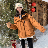 连帽橘色工装冲锋衣式派克服棉衣女冬季小个子流行加绒高级感棉服，女装派克服，2C218