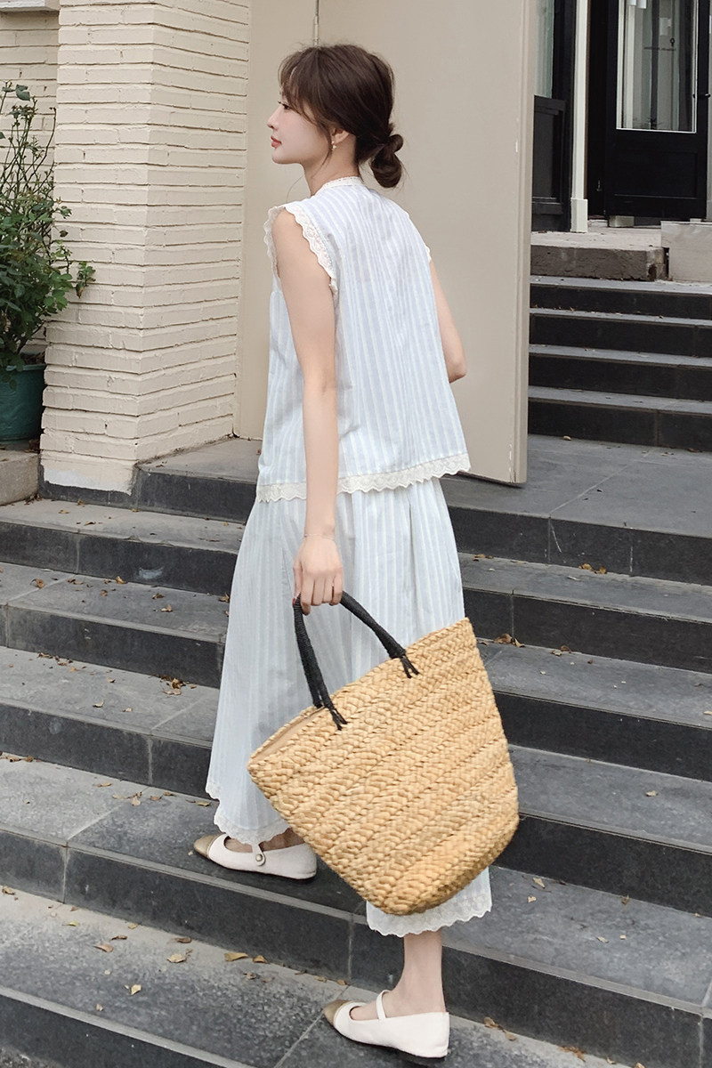 气质韩系百搭减龄2025夏季新款显瘦条纹无袖上衣半身裙,女装连衣裙,2C177