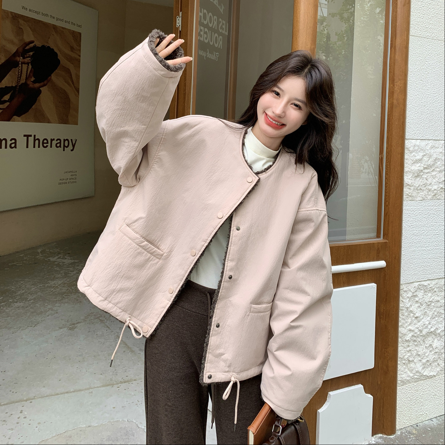 粉色加绒加厚工装棉服外套女冬季2025新款流行短款派克服小棉衣图片