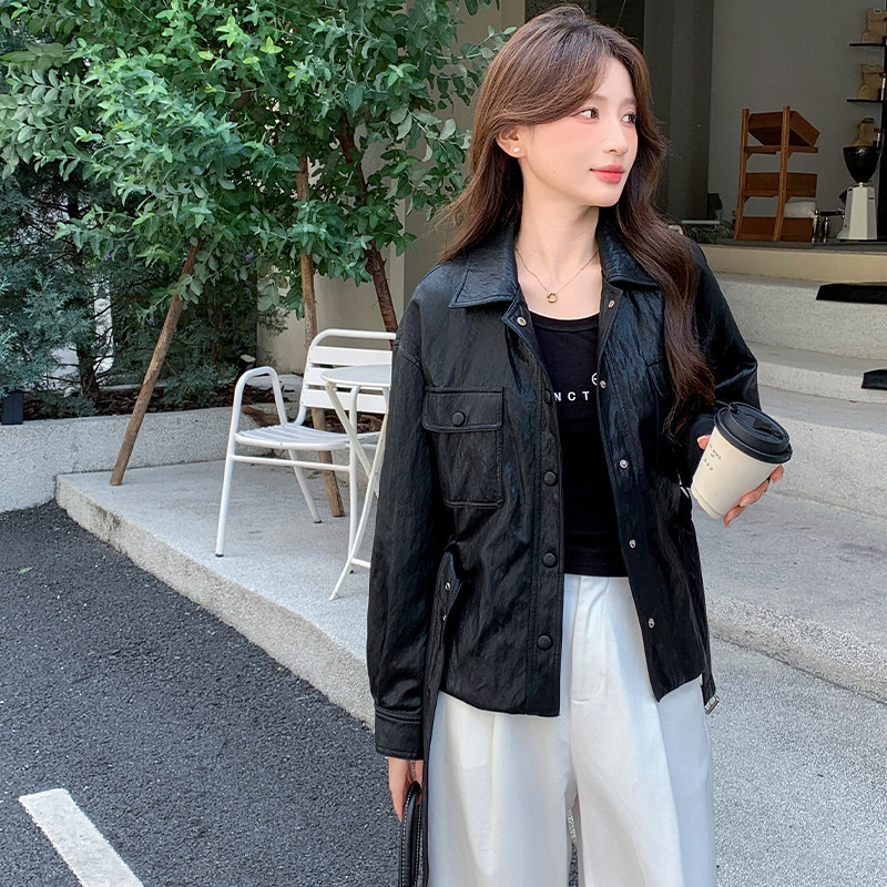 港风复古黑色翻领收腰皮衣外套女春秋2025新款小个子PU夹克巨好看,女装短外套,2C091