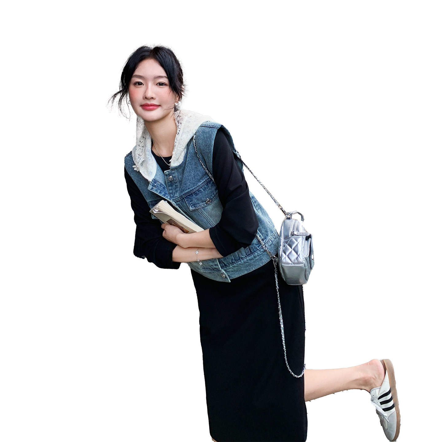 复古休闲连帽牛仔马甲黑色T恤连衣裙套装女春秋2025新款减龄裙子,女装套装/套裙,2C126